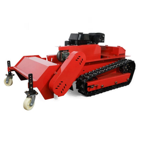 Display of red remote controlled lawn mower