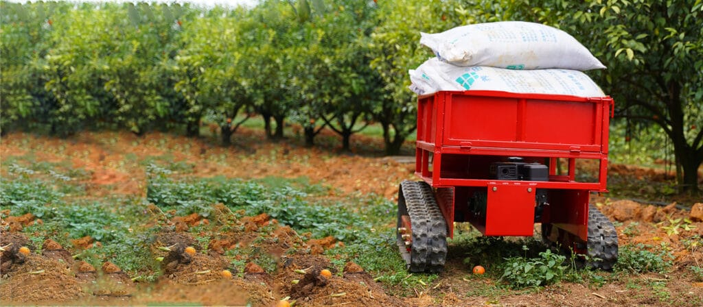 Display of red remote control transport truck machine transporting goods